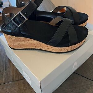 ABEO Nylah Black Leather Ankle Strap Cork Wedges Sandals Size 8